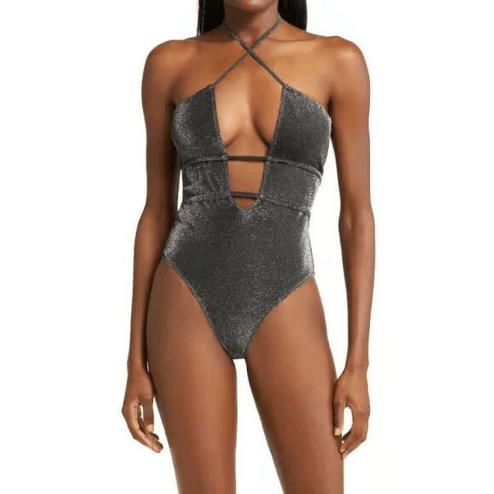 Ramy Brook marta metallic strapless one-piece swimsuit - black - sparkle metalli